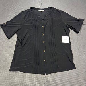 Prestige Woman Black Button-Down Pleated Blouse With Tab Sleeves